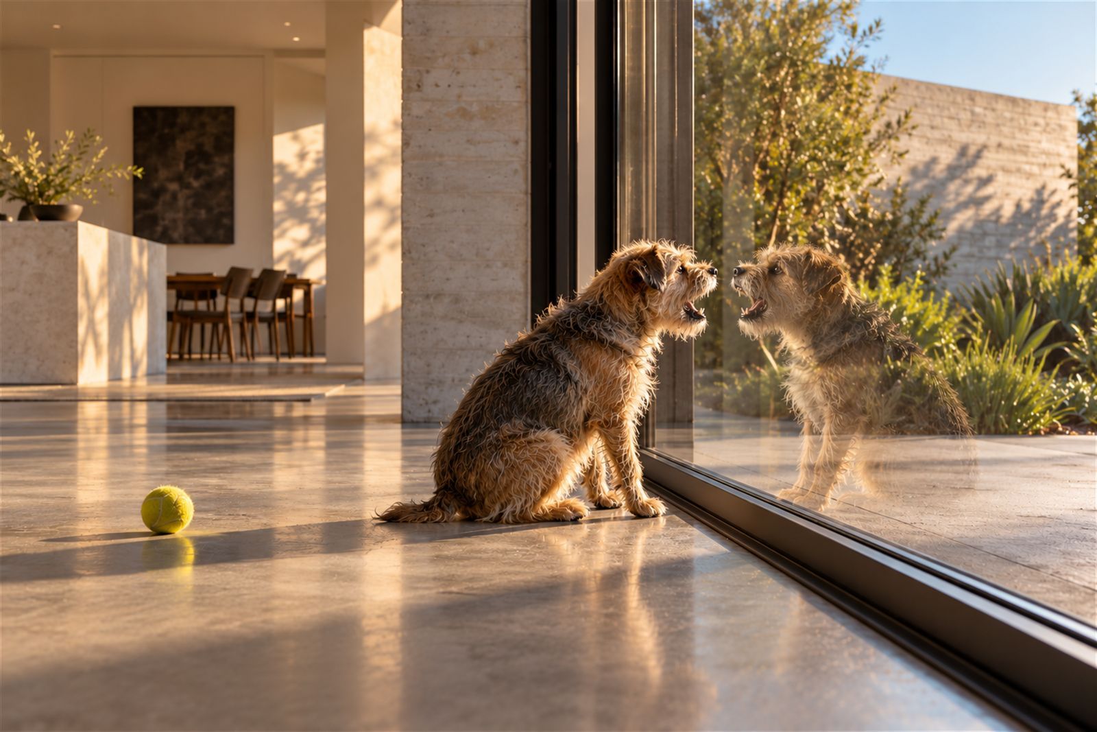 A scruffy dog barking at its own reflection in a spotless sliding glass door, its reflection barking back